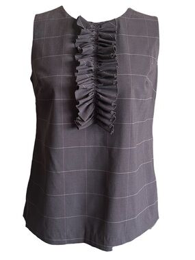Banana Republic Charcoal Windowpane Ruffle Front Sleeveless Top